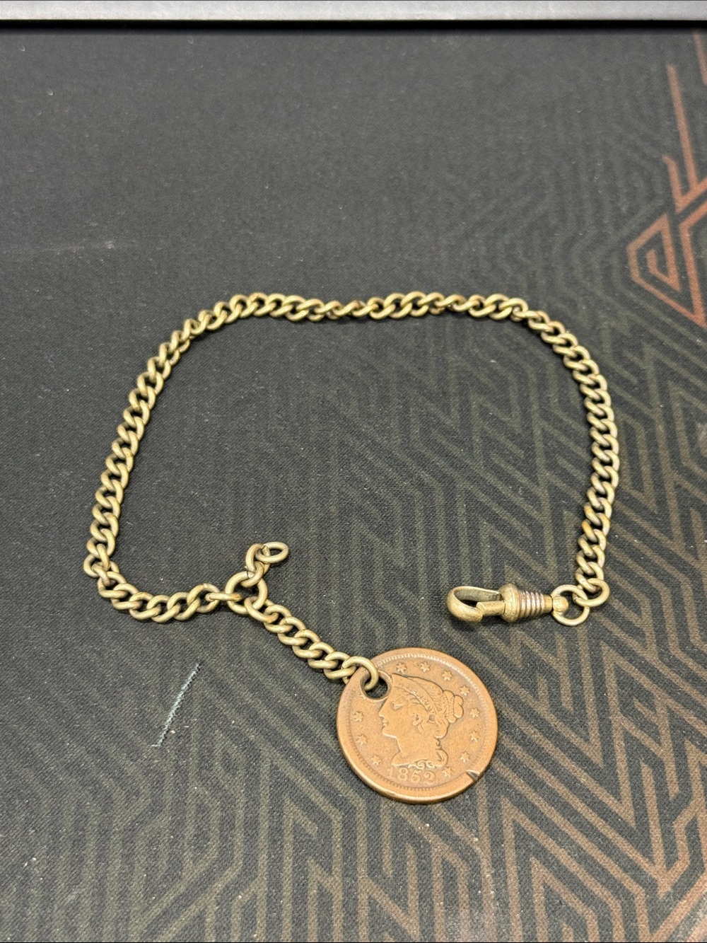Antique Men's Gold Tone Pocket Watch Chain with 1852 US One Cent